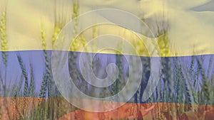 Digital composition of waving columbia flag against close up of crops in farm field