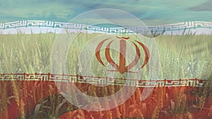 Digital composition of waving iran flag against close up of crops in farm field