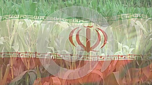 Digital composition of waving iran flag against close up of crops in farm field