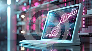 Digital Computer Displaying Vibrant DNA Helix and Data Visualization