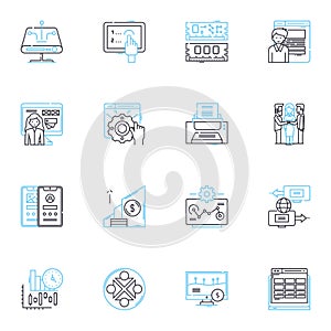 Digital computing linear icons set. Algorithm, Binary, Cloud, Compiler, Cybersecurity, Data, Debugging line vector and