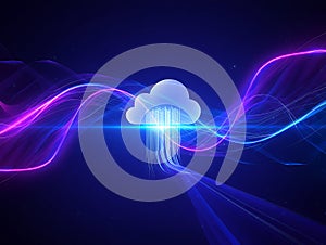 Digital cloud computing data transfer with abstract neon light waves and blue purple background