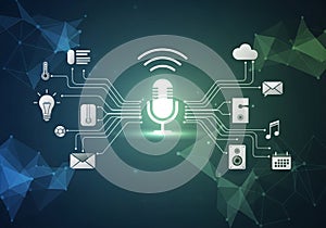A digital concept illustration featuring a central microphone icon