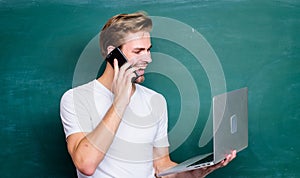 Digital concept. Online communications. School teacher with laptop. Digital technology. Digital sciences. Programming