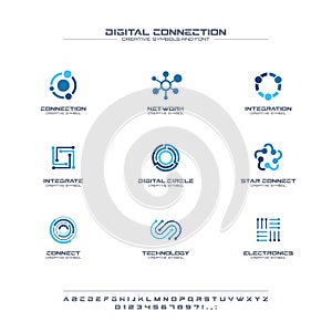 Digital connect creative symbols set, font concept. Social media network abstract business logo. Internet technology