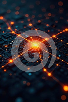 Digital connection and data flow visualized as interconnected glowing nodes and pathways on a dark background. Abstract