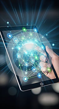 Digital connection futuristic tablet display glowing network data abstract technology interface