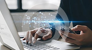 Digital Connection: Hands Interacting with Technology and Data Flow