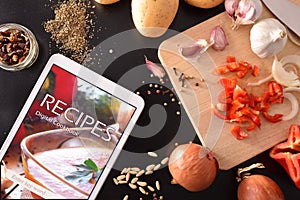 Digital cookbook app concept in tablet for cooking