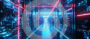 Digital corridor in cyber space or futuristic AI data center, abstract tech background. Perspective of cyberspace with neon data