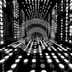 Digital corridor showing binary code flowing through cyberspace