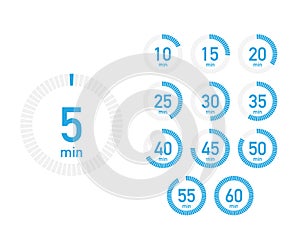 Digital countdown timer with five minutes interval in modern style. Set of 12 timer icons. Vector illustration photo