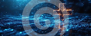 Digital cross glowing in futuristic technological landscape of data networks photo