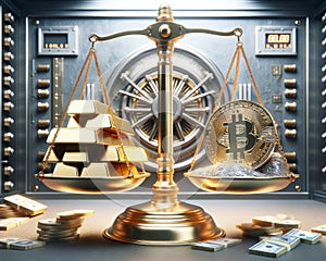 Digital Cryptocurrency Banking Hedge Global Money Currency Bitcoin Gold Scale Weighing AI Generated