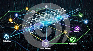 Digital cryptocurrency blockchain network visualization with multiple platforms