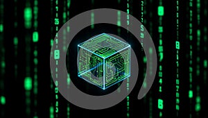 Digital Cube Encrypted in Futuristic Network Matrix with Flowing Binary Code