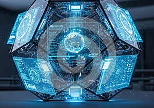 Digital cube structure with multiple holographic screens displaying