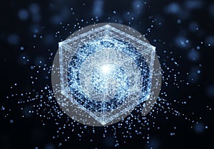 A digital cube with a wireframe structure is composed of