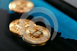 Digital Currency Bitcoin Closeup With Financial Graphics