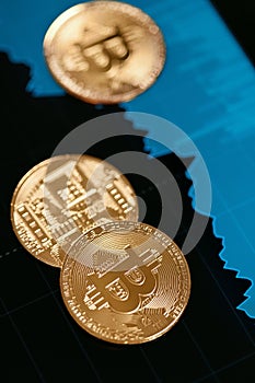 Digital Currency Bitcoin Closeup With Financial Graphics