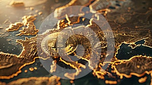 Digital Currency Concept: Golden Bitcoin Coin on European Map