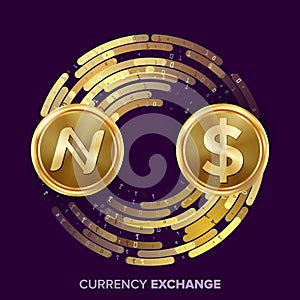 Digital Currency Money Exchange Vector. Namecoin, Dollar. Fintech Blockchain. Gold Coins With Digital Stream