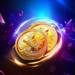 Digital currency physical gold bitcoin coin on abstract background. Cryptocurrency concept. 3D Rendering AI generated
