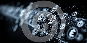 Digital currency symbols floating in a futuristic data stream environment