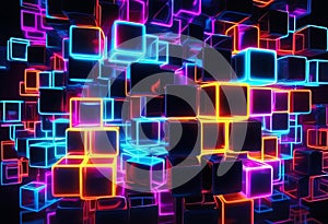 Digital cyber cube. Neon glowing cubes in motion with. Musical