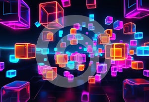 Digital cyber cube. Neon glowing cubes in motion with. Musical