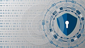Digital cyber security background with shield lock and binary code.