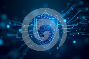 Digital Cybersecurity Shield Protecting Data Network on Dark Technology Background