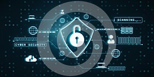 Digital cybersecurity concept with lock icon on dark background. 3D Rendering