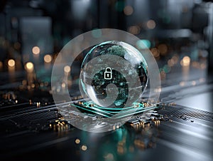 Digital Cybersecurity Lock on Circuit Board for Tech Security Marketing