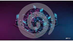 A digital 3D artwork features a network of translucent cubes and panels interconnected with glowing lines.