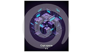 A digital 3D artwork features a network of translucent cubes and panels interconnected with glowing lines.