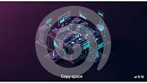 Digital 3D artwork showcasing a complex network of translucent cubes and panels interconnected with glowing lines