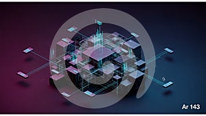 Digital 3D artwork showcasing a complex network of translucent cubes and panels interconnected with glowing lines