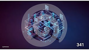 A digital 3D artwork features a network of translucent cubes and panels interconnected with glowing lines.