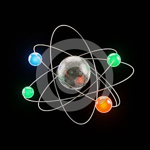 A digital 3D illustration of an atom model features a central grey and white sphere,