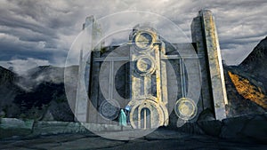 Digital 3d illustration of a cloaked figure approaching a mysterious marble temple - fantasy painting photo