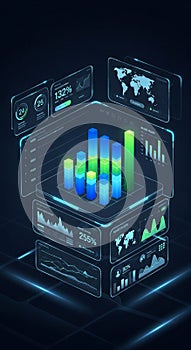 Digital 3D infographic featuring various data visualization elements. Central bar graph