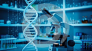 Digital D N A helix and microscope in a blue laboratory with test tubes and binary code DNA helix science