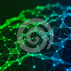 A digital 3D network structure features interconnected nodes and lines forming a web-