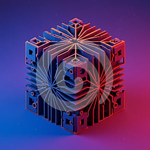 A digital 3D render featuring a geometric cube structure with intricate layers and