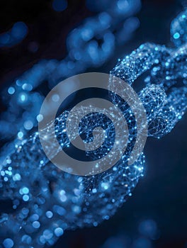 Digital 3d rendering of a futuristic blue glowing interconnected chain symbolizing blockchain technology and secure data networks