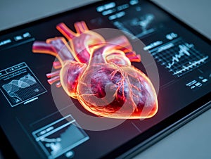 Digital 3d rendering of a human heart with medical data and analytics