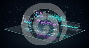 A digital 3D visualization featuring several translucent screens displaying various data