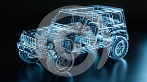 Digital 3d wireframe model of off-road car for automotive design and engineering visualization