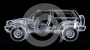 Digital 3d wireframe model of off-road car for automotive design and engineering visualization